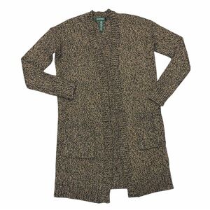 Lauren Ralph Lauren Marled Open-Front Long Cardigan in Brown and Black